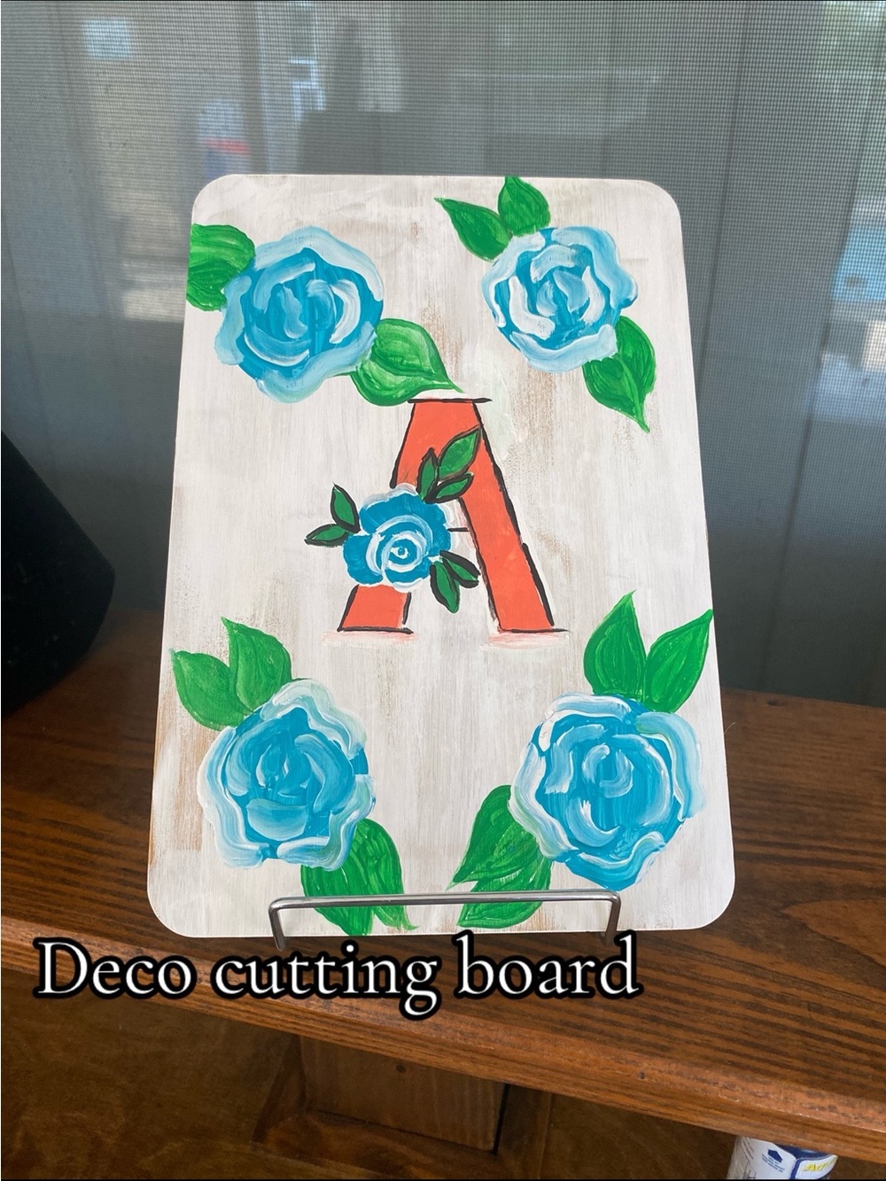 Hand-Painted Decorative Cutting Board with Blue Floral Monogram A